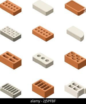 Bricks isometric. Construction material for builders materials for facade design garish vector colored 3d bricks Stock Vector