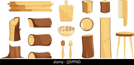 Wooden products. Furniture production from oak logs branches trees lumbers garish vector cartoon illustrations Stock Vector