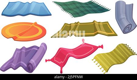Carpets rugs. Mats bedding large carpets wool crafted rag cozy exact vector cartoon illustrations Stock Vector
