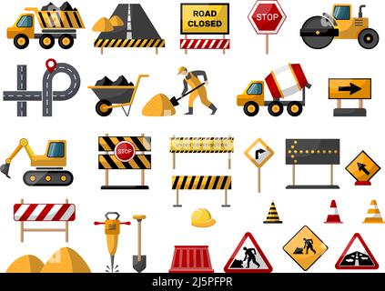 Road constructing. Professional tools for repair street roads instruments for workers recent vector colored icons set Stock Vector