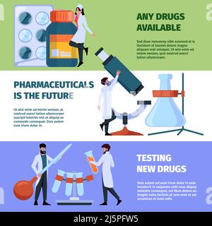 Medical banners. Drugs chemical labs symbols healthcare concepts garish vector horizontal frames with place for text Stock Vector