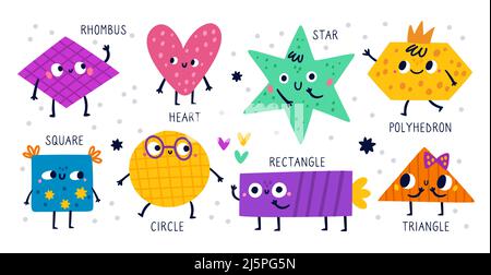 Basic geometric shapes faces. Cute baby educational figures with inscriptions. Childish patterned color emoji characters. Circle and polygons with Stock Vector