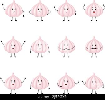 Garlic. Cute vegetable characters with different emotions, vector illustration Stock Vector