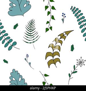 Seamless vector floral pattern of simple bright meadow flowers and leaves Stock Vector