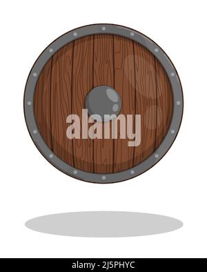 Round Scandinavian shield made of wood, reinforced with iron inserts on rivets. Element of protection of ancient viking. Cartoon vector isolated on wh Stock Vector