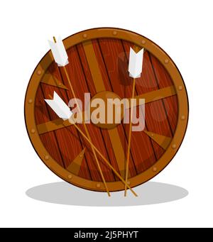 Scandinavian round wooden shield and arrows sticking out of the ground. Burial place of an ancient Viking. Cartoon vector isolated on white background Stock Vector