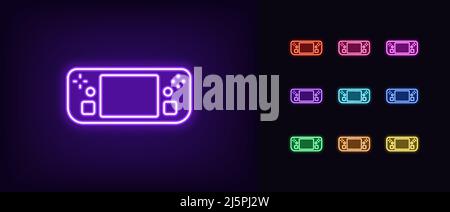 Outline neon handheld game console icon. Glowing neon portable gaming deck device, gadget pictogram. Handheld gamepad with screen, thumbsticks and tra Stock Vector