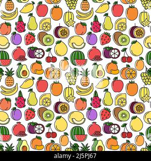Seamless pattern with color icons of fruits and berries, vector illustration Stock Vector