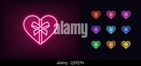 Outline neon gift box icon. Glowing neon Heart shaped present with bow knot, romantic surprise pictogram. Love gift box, magic present, candy box, con Stock Vector