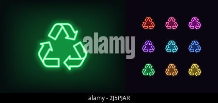 Outline neon recycling icon. Glowing neon recycling triangle sign with arrows, recyclable resource pictogram. Recycle waste, reuse materials, care abo Stock Vector