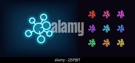 Outline neon molecule icon. Glowing neon molecular structure sign, chemical compound pictogram. Medical and biology research, molecular model, protein Stock Vector