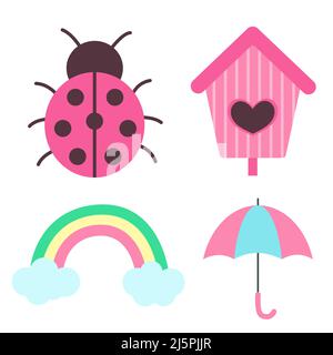 Set of spring elements. Ladybug, rainbow with clouds, umbrella and birdhouse. Print for sticker pack, clothes, textile, seasonal design and decor Stock Vector