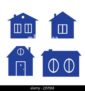 Set of cute cartoon houses, simple icons. Small house with door and small window. Flat illustration, home symbol. Icon for web and graphic resources Stock Vector