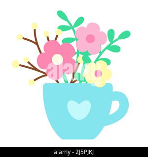 Spring flowers and plants in cup with heart print. Positive print in pastel light colors. Fantasy simple flowers. Print for cads, textile, Easter Stock Vector