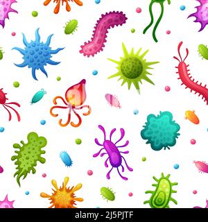 Microbes pattern. Cartoon microbe and infectious viruses background, flat infection cells and bacteria. Garish germ or microorganism vector seamless Stock Vector