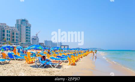 Tel Aviv, Israel - May 26, 2009: Beach and the Mediterranean waterfront in Tel Aviv Stock Photo