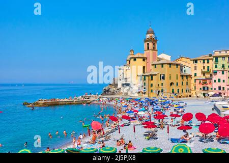 Camogli, Genoa, Italy - July 3, 2019: Beach in Camogli on sunny summer day Stock Photo