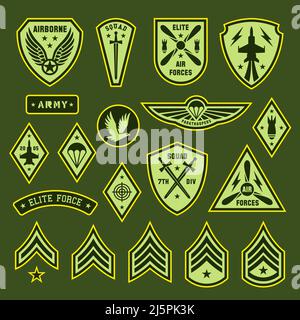 Army badges and patches. United elite forces, military emblems with wings. Soldier ranking chevron, air force war tags. Typography or textile tidy Stock Vector