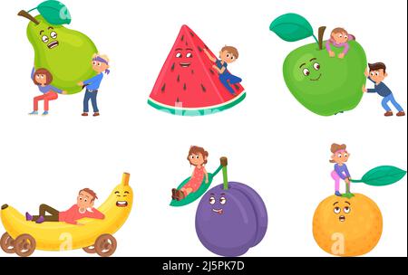 Kids play with big cartoon fruits. Happy characters, baby meals fresh food. Children holding banana, apple, orange and watermelon slice, decent vector Stock Vector