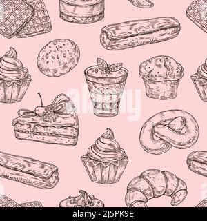 Sketch dessert seamless pattern. Fast food and cakes, sweet hand drawn bakery food. Pastry, cupcakes and pie, vintage engraving neoteric vector print Stock Vector