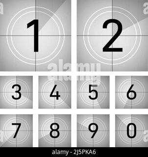 Countdown frames. Retro cinema numbers, abstract film count. Vintage classic tv movie animation. Old grey motion timer, counter exact vector set Stock Vector