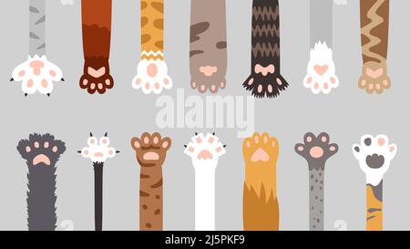 Cat foots. Flat cats paws, animals footprint background. Tiger leg with claws, fun pet and wild animal print. Decorative cute doodle footprints classy Stock Vector