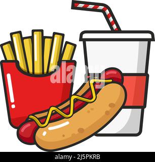 vector icon set. Design element logo, ad and menu. Food and drink. Soft drink with hot dog and potato fries. Stock Vector