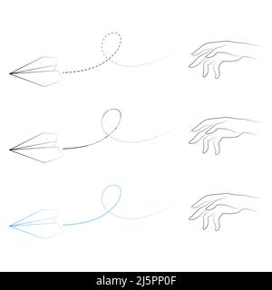 Set of vector illustrations of hand throwing paper plane icons. Outline simple paper airplane isolated on white background. Icon symbol of travel and Stock Vector