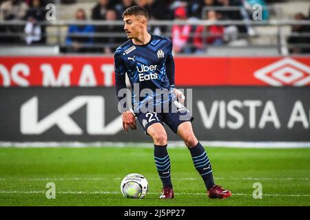 Valentin RONGIER of Marseille during the French championship Ligue 1 football match between Stade de Reims and Olympique de Marseille on April 24, 2022 at Auguste Delaune stadium in Reims, France - Photo: Matthieu Mirville/DPPI/LiveMedia Stock Photo