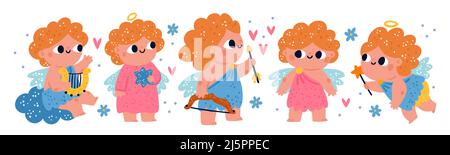 Baby angels. Little cute Amurs hold bow, arrows and harps. Chubby children with wings and halos. Cartoon curly haired boys on clouds. Religious flying Stock Vector