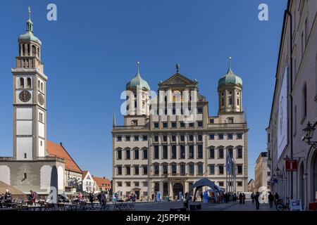 Medieval architecture attracts tourists to town square in Augsburg, Germany Stock Photo