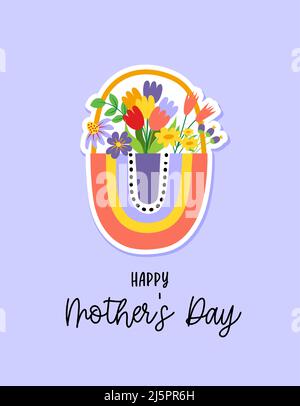 Happy Mother's Day - International Mother's Day greeting card. Calligraphy handwritten phrase and hand drawn flowers. Handmade calligraphy illustratio Stock Vector