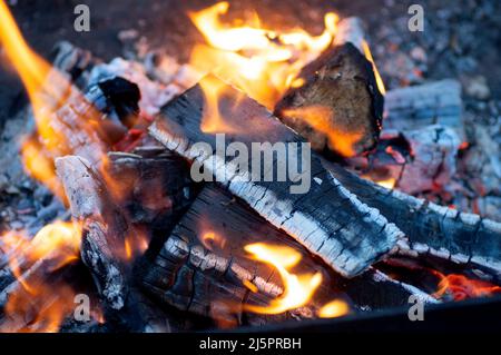 Burning red coals and black charred wood. Red burning coals as a texture for design. Close-up. Stock Photo