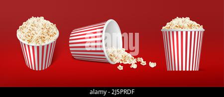 3d realistic icon. Popcorn stripped boxes in top, side and front view. Isolated on red background. Stock Vector