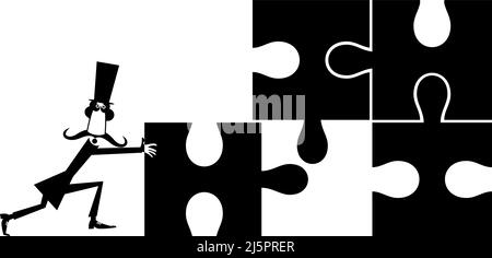 Man in the top hat solving the puzzle. Cartoon long mustache man in the top hat pushing puzzle piece and connecting idea. Black on white background Stock Vector