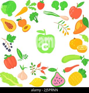 Vitamin C sources. Deficiency fruit complex food rich vitamins, dietical citrus supplements, benefit health nutrition, infographic vegetables diet, cartoon vector illustration. Nutrition fruit vitamin Stock Vector
