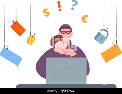Fraud work. Dangerous hacker working in internet, cyber crime phone scam fake bank worker thief money online hacking, vector illustration. Hacker internet at computer, crime technology Stock Vector
