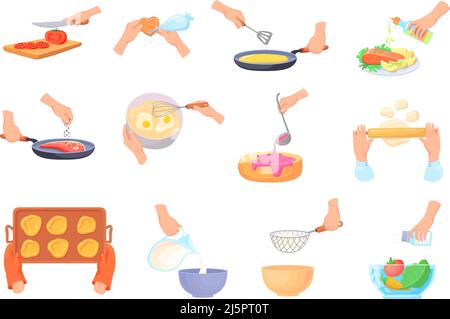 Cartoon hands prepare food. Hand cook, spatula for cooking process, sprinkle chopping salt in salad bowl cut knife, ladle jam prepare dough baking accessories, vector illustration. Cooking at kitchen Stock Vector