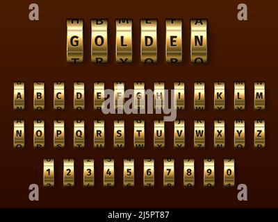 Realistic golden locks combination font. Yellow metal alphabet. Rotating wheels with numbers and letters. Bank codeword for safe protection. Access Stock Vector