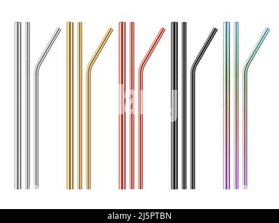 Realistic metal drinking straws. Different colors steel zero waste pipes for beverage. Straight and curved cocktail sticks. Alternative eco product Stock Vector