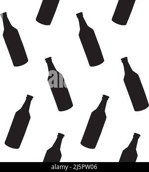 Vector seamless pattern of black beer bottle silhouette isolated on white background Stock Vector
