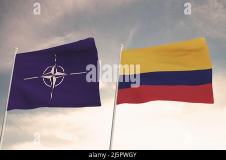 Flags of NATO and COLOMBIA waving with cloudy blue sky background,3D rendering WAR Stock Photo