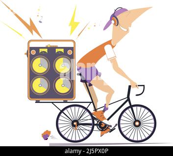 Cartoon young man rides and listens music on boombox illustration. Smiling man in headphones rides a bike and listens music on the big audio equipment Stock Vector