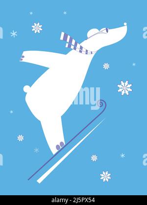 Cartoon bear a ski jumper illustration. Polar bear a ski jumper white on blue background Stock Vector