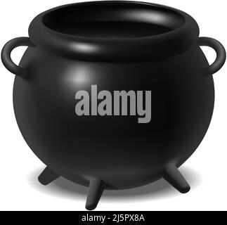 realistic icon. Black witch cauldron. Isolated on white background. Stock Vector