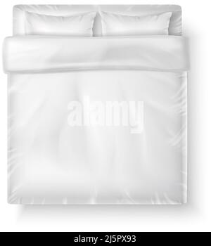 realistic vector icon. White bedsheets, top view of king size bed with two pillows and duvet. Stock Vector