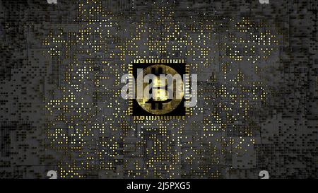 Bitcoin, cryptocurrency and mining concept. 3d Sign of bitcoin on the cpu processor of a computer in golden light. Cryptoeconomics, virtual money, earnings, business idea. High quality 3d illustration Stock Photo