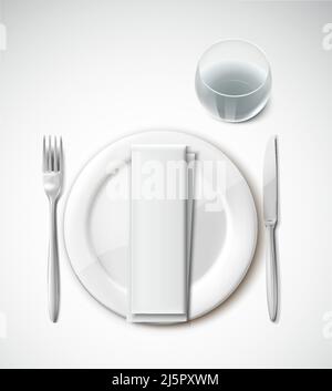 realistic vector icon set. Cutlery silver set with fork and knife and round serving plate and napkin, glass of water. Top view. Stock Vector