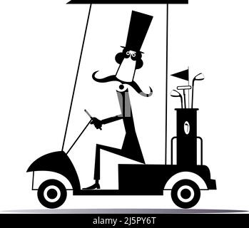 Funny long mustache man rides the golf cart illustration. Cartoon long mustache gentleman in the top hat is going to play golf in the golf cart black Stock Vector
