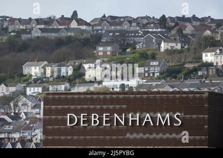 A close-up of a Debenhams store sign in Swansea, Wales. Stock Photo